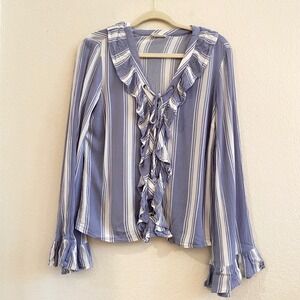 Altard State Striped Ruffle Lace Up V Neck Long Sleeve Blouse Top Women's Size S